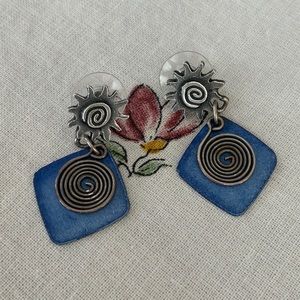 Newpro Vintage Mixed Metals Pewter and Blue Enamel Sun and Moon Dangle Earrings